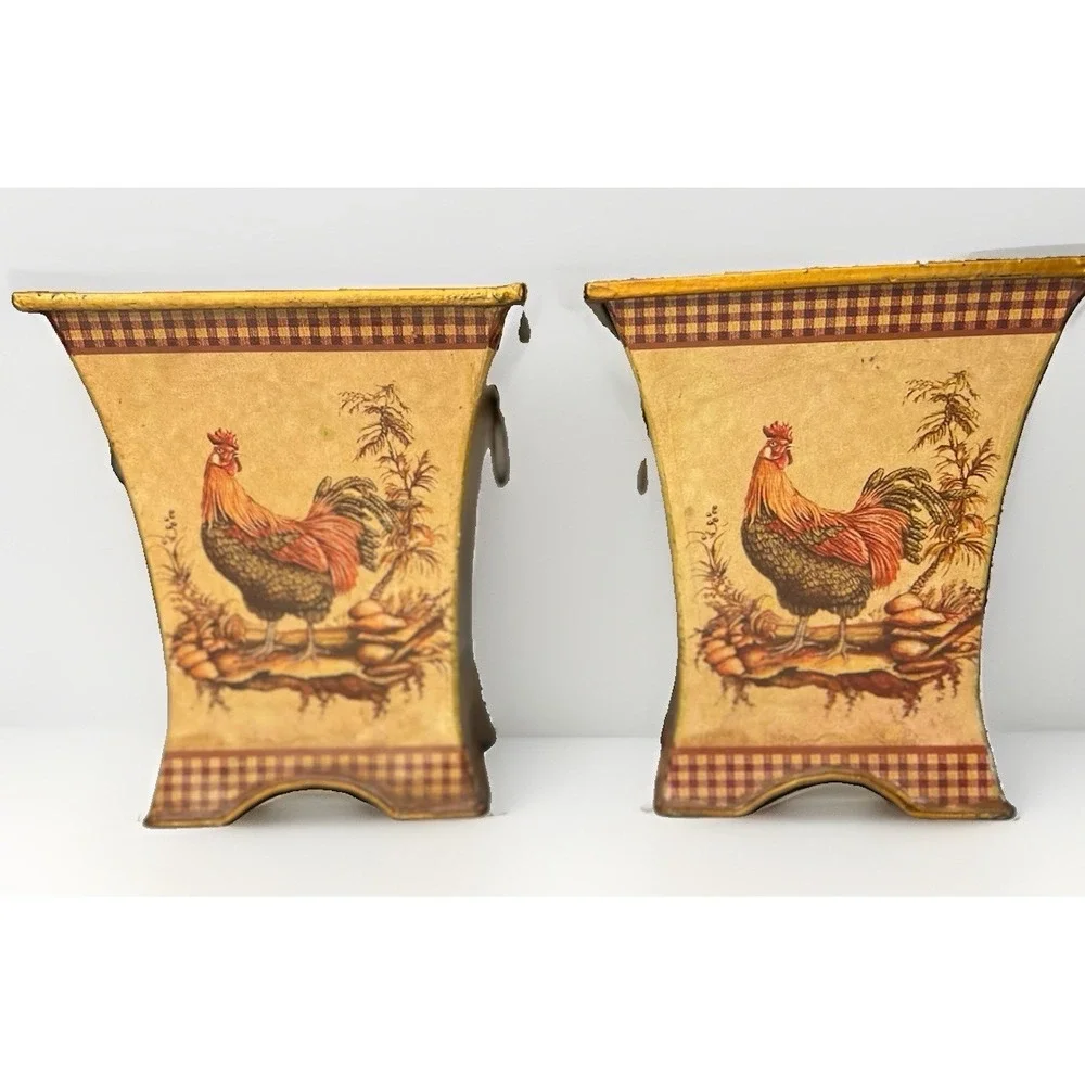 Pair Rooster Metal Cachepot Planters Ring Handles French Country Farmhouse